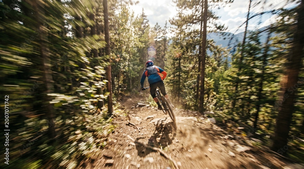 Obraz premium Mountain biker riding down a forest trail on a sunny day