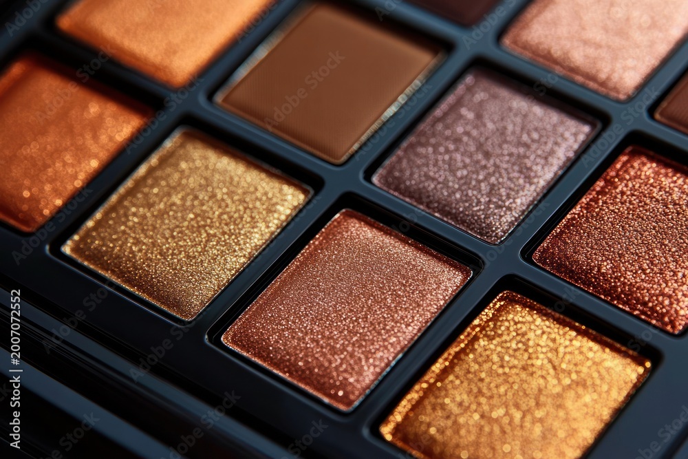 Fototapeta premium Close-up of square metallic eyeshadow pans in a black palette with warm bronze, gold, copper and mauve shimmers conveying glamorous festive sparkle