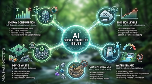 AI Sustainability Issues visualizes energy consumption, e-waste, raw material use, and water demand impacting the environment, highlighting the challenges of responsible technology development.