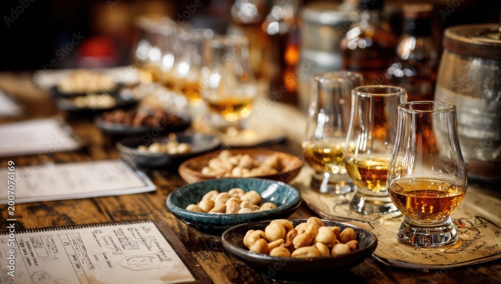 Fototapeta premium Whiskey Tasting Experience with Nuts and Snacks.