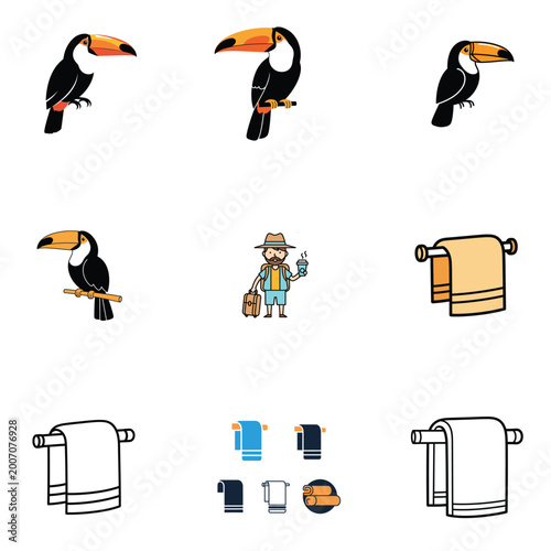 Abstract Seamless Pattern with Toucans and Geometric Grid Texture