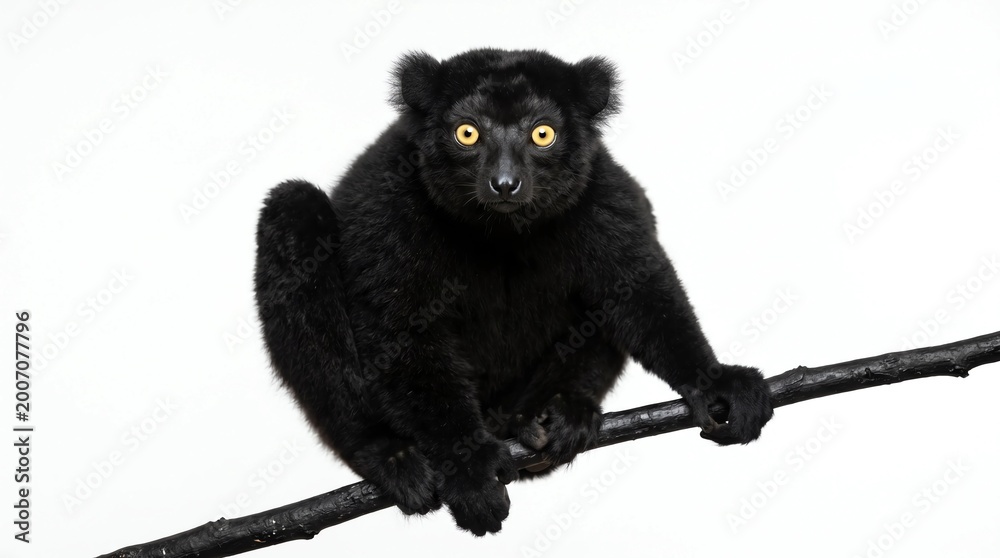Fototapeta premium A close-up studio portrait of a black lemur sitting on a branch against a white background