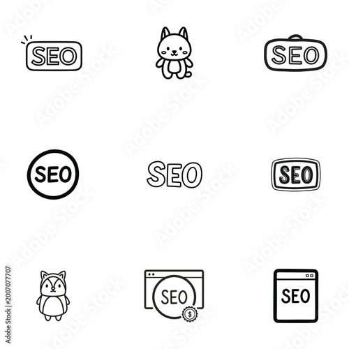 SEO optimization icons with cute cat characters and halftone pattern
