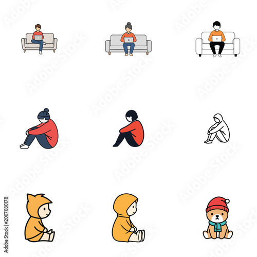 Remote workers on sofas vector illustration pattern with grid