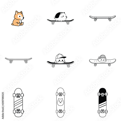Seamless pattern of skateboarding pets on blue and white plaid background