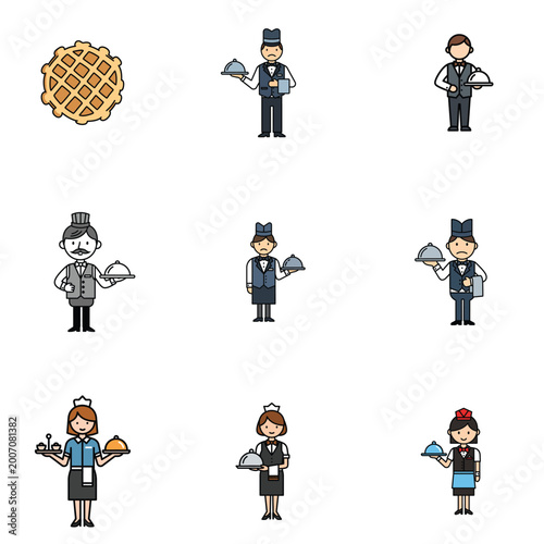 Digital art illustration of waiters and waffles in a blue pattern