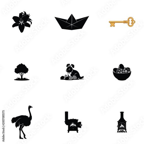 Abstract Blue Dot Pattern with Floral Silhouettes and Golden Key