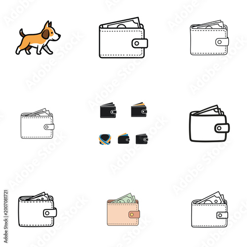 Abstract illustration of wallets with cash and dog in grid pattern