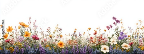 colorful wildflower meadow border with orange, purple, pink and white blooms against clean white background, cheerful and airy springtime scene