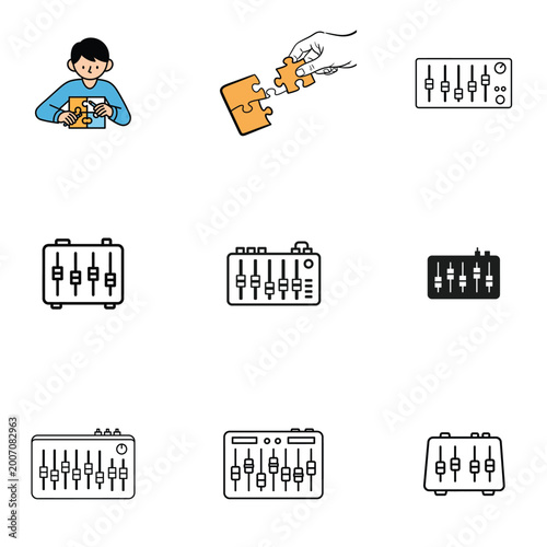 Concept vector of person solving puzzles with urban planning elements