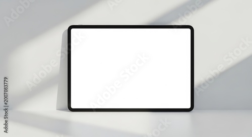 Black tablet with blank white screen leaning against a plain wall with soft diagonal shadow cast