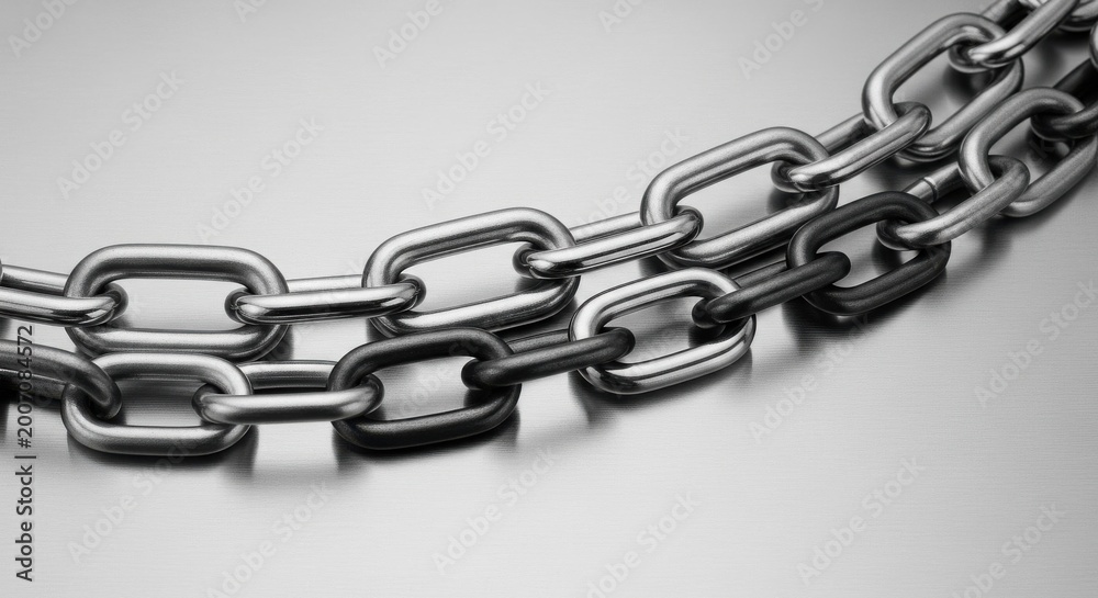 Fototapeta premium Interlocking Metal Chain Links on a Reflective Surface