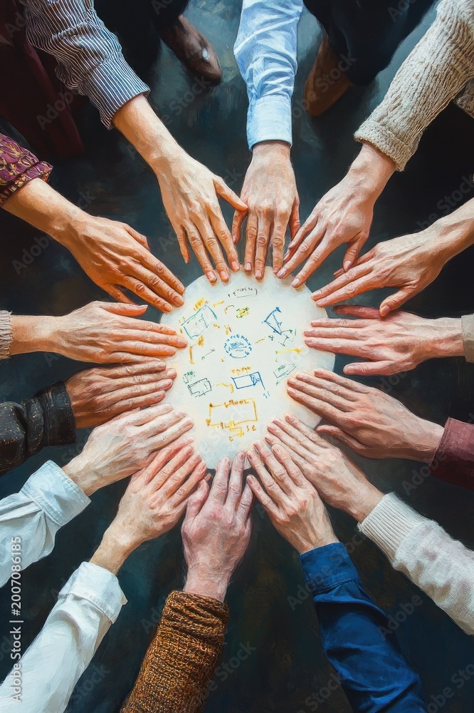 Obraz premium Multiple diverse hands forming a circle over a table with hand-drawn diagrams and flowcharts, collaborating in a focused and optimistic teamwork moment