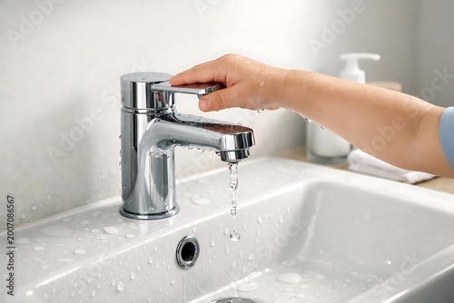 Hand turning off water tap conservation saving water concept