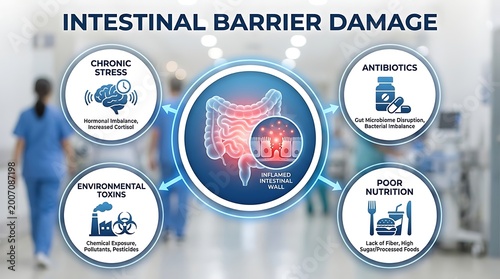 Visualizing Intestinal Barrier Damage: Understanding Causes Like Stress, Toxins, Antibiotics, and Poor Nutrition Affecting Gut Health