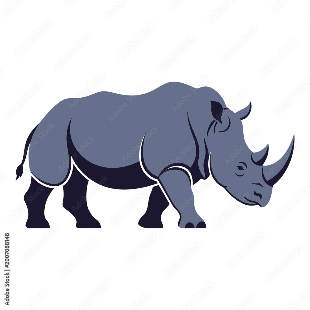 Obraz premium Rhino silhouette standing isolated on white background for wildlife design projects