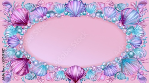 Cute mermaid birthday frame seashells ocean pearls pastel pink background underwater princess party design decorative sea elements invitation layout with whimsical fantasy celebration theme
