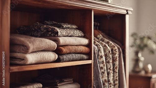Neatly folded sweaters and blouses arranged on wooden shelves, showcasing warm earthy tones and