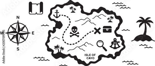 Foto Black and white treasure map featuring isle of cayo, a compass rose, palm trees,