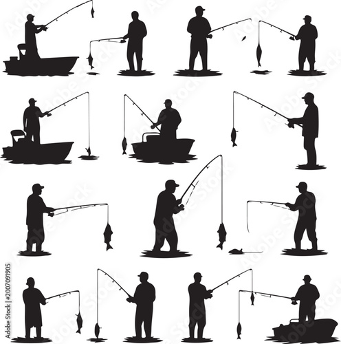 Set of silhouette fisherman. Collection of fishing man on the waves and of the boat. Emblem for fishing clubs. Vector illustration of sport hobby on white