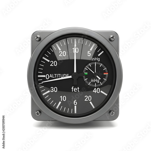 Realistic 3D Rendering of an Aircraft Altimeter Flight Instrument Isolated on White Background - Aviation Height Gauge