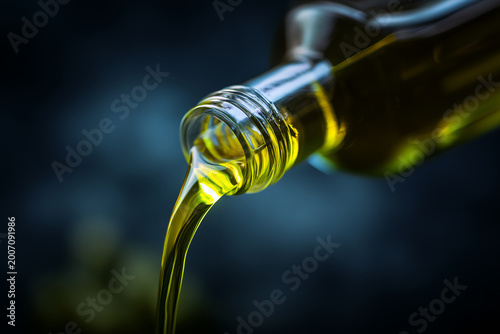 Pouring Fresh Extra Virgin Olive Oil from Glass Bottle with Dramatic Cinematic Lighting
