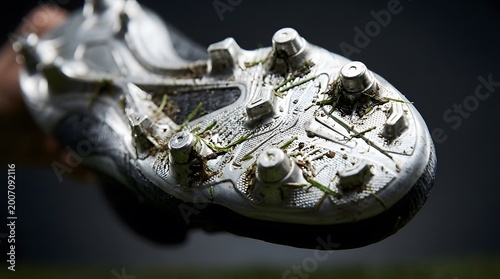 Closeup bottom view of dirty soccer cleat with grass and mud on studs.