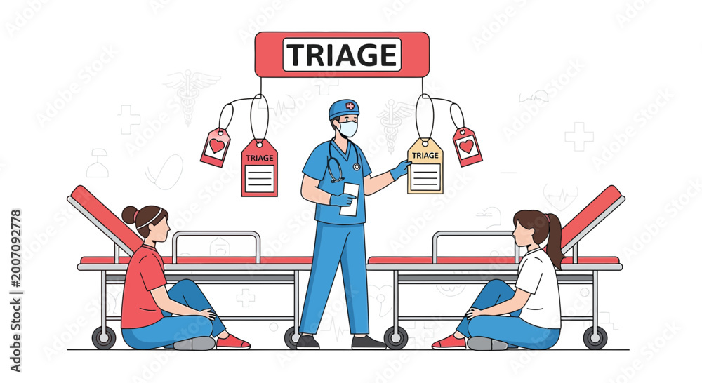 Fototapeta premium Medical Triage: Doctor Assesses Patients on Stretchers in Emergency Room