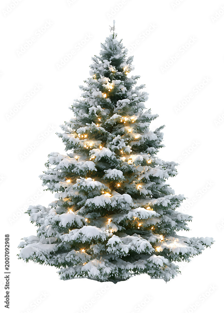 Fototapeta premium Snow-Covered Christmas Tree with Lights in a Festive Environment