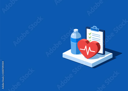 Isometric Healthcare Illustration with Medical Checklist Heart Pulse and Medicine Bottle