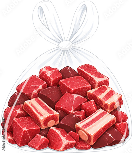 Fresh Qurban or Sacrificial Meat in Plastic Bag – Raw Beef, Bones and Liver Illustration, Eid al Adha Food Clipart