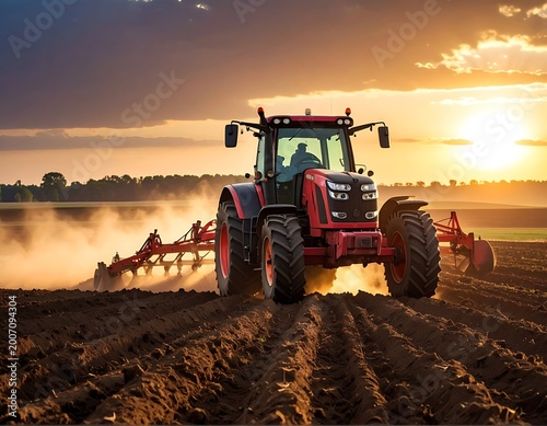 A red tractor plows through a field at sunset