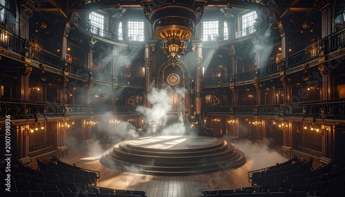 Grand ornate theater interior with stage, lights, and atmospheric fog