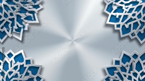 Abstract design with ornate white cutouts against blue on metallic backdrop