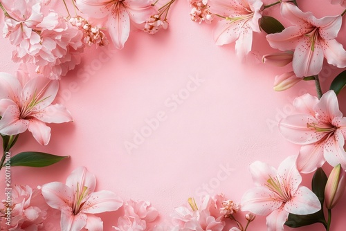 pastel pink floral frame of lilies and green leaves surrounding a soft gradient rectangle, romantic elegant and serene mood