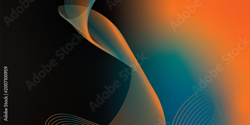 Bild auf Leinwand Luminous DarkCyan, black, and orange ribbons flowing gracefully across a dark immersive background with subtle sparkling particles, sleek futuristic tech aesthetic, vector artwork