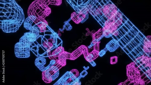 Abstract digital illustration with glowing, wireframe structures on black