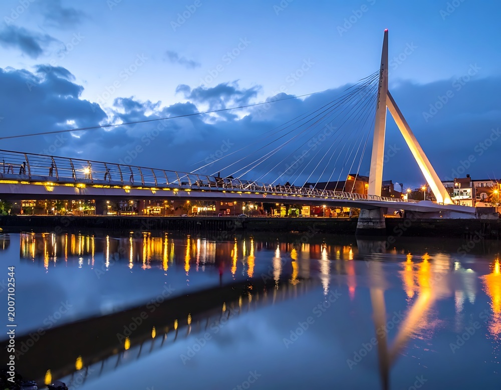 Obraz premium A serene cityscape at dusk featuring a large bridge over a body of water