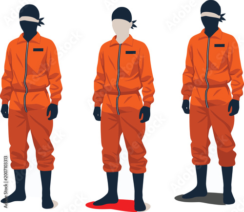 Foto Guantanamo bay detainee uniforms three figures in orange jumpsuits and masks