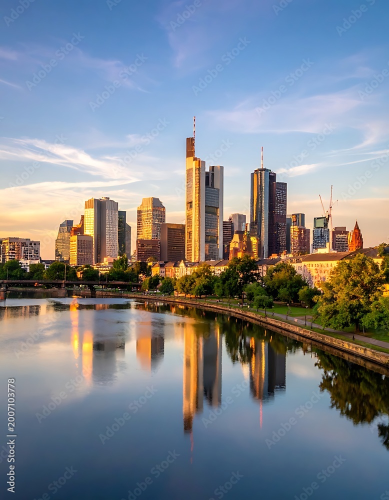 Fototapeta premium A serene cityscape at sunrise with skyscrapers and a calm lake
