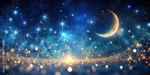Vast starry night sky with a crescent moon and constellations in soft focus, creating a dreamy bokeh effect in a midnight blue background, universe, atmospheric effect