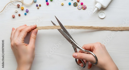 Close-up of a person's hands using scissors to cut a piece of natural jute twine on a white wooden table, surrounded by various colorful beads and craft supplies.