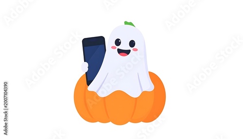 Halloween ghost sitting in pumpkin.