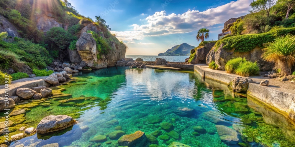 Obraz premium Warm waters of thermal pool surrounded by natural rock formations and lush greenery on the island of Ischia, tranquil ambiance, rock formations