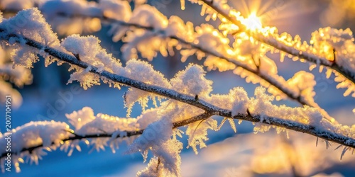 A snow-covered tree branch frozen in time as warm sunlight filters through its frosty crystals, creating a delicate dance of light and shadow , winter day, branch