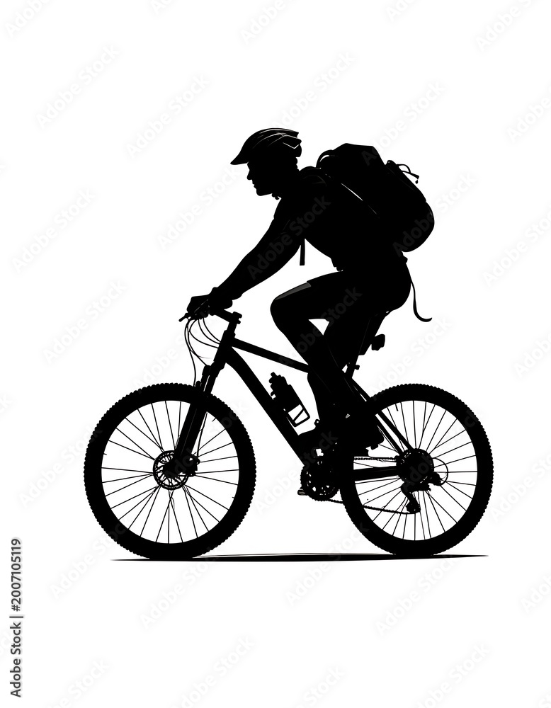 Fototapeta premium Cyclist Riding Bike with Backpack Silhouette.