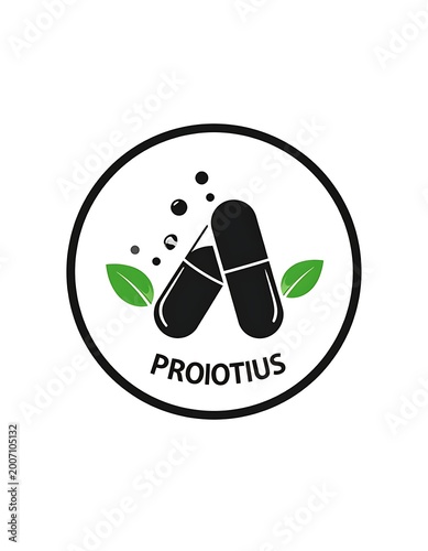 Probiotics logo with capsules and leaves.