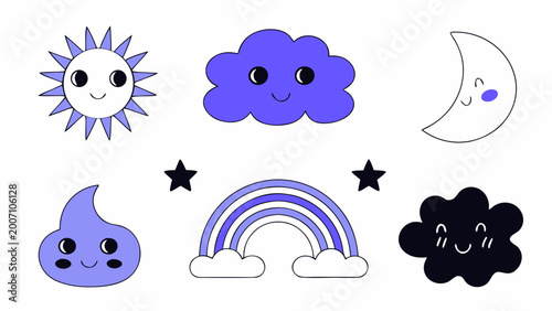 Valokuva Weather symbols depict a sun, moon, rainbow, and clouds in a cute cartoon style