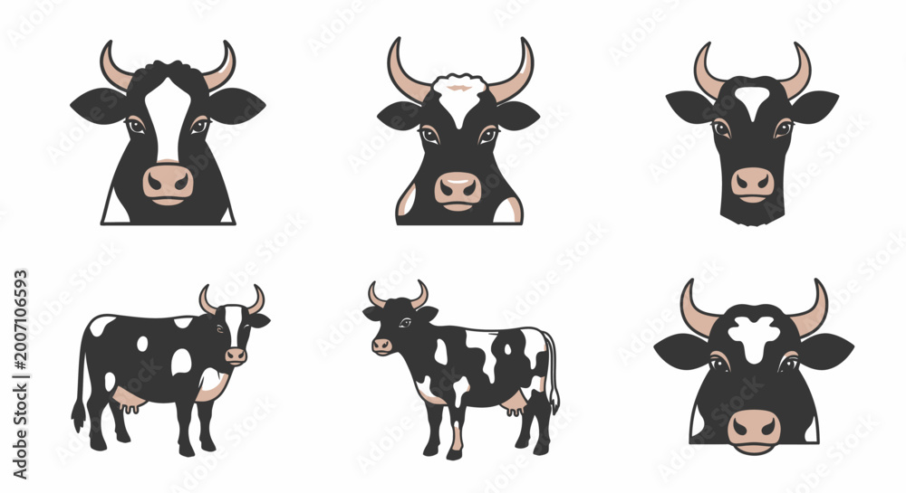 Obraz premium Cartoon cows diverse styles of cattle in black and white vector illustrations