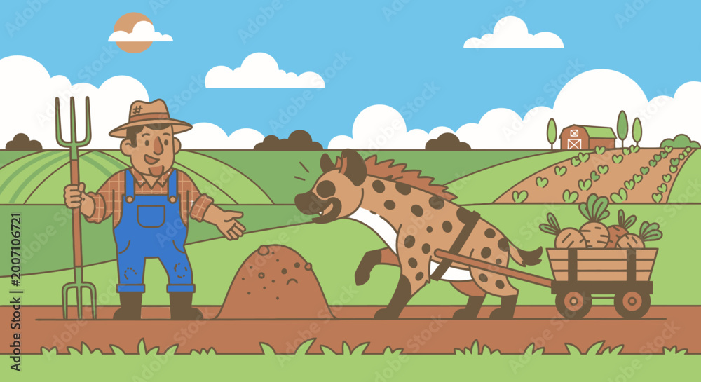 Fototapeta premium Cartoon farmer and hyena working in a field with a cart of carrots